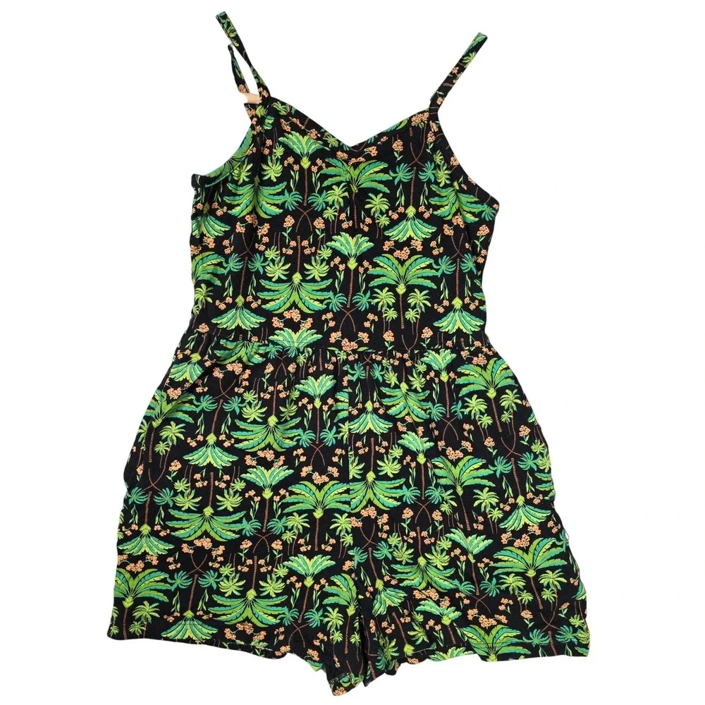 Old Navy Romper Girls‎ Large 10-12 Black Tropical Palm Tree Print Cotton